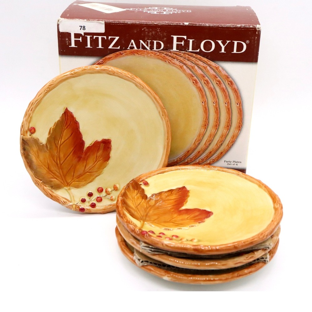 Fitz and Floyd Harvest Party Appetizer Plates Set of 4 Leaf & Berry New Open Box